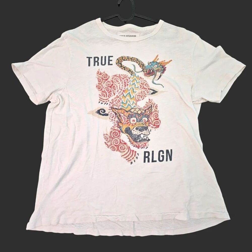 True Religion Y2K White Dragon Tiger Tattoo Graphic Tee Size XL